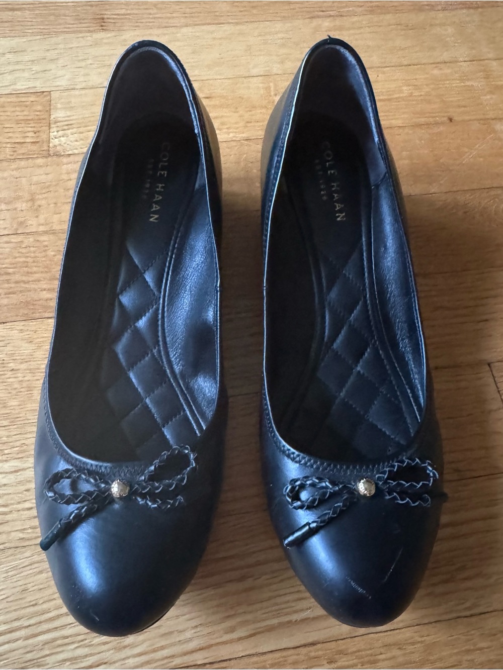 Cole Haan Black Leather Bow Trim Wedges
